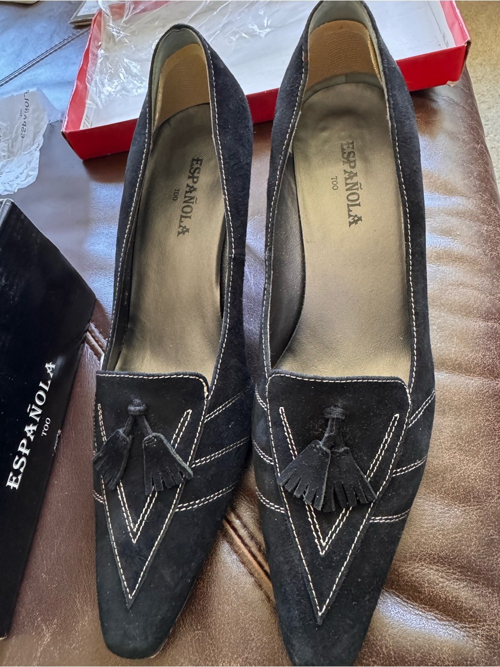Black Suede Tassel Pointed heels